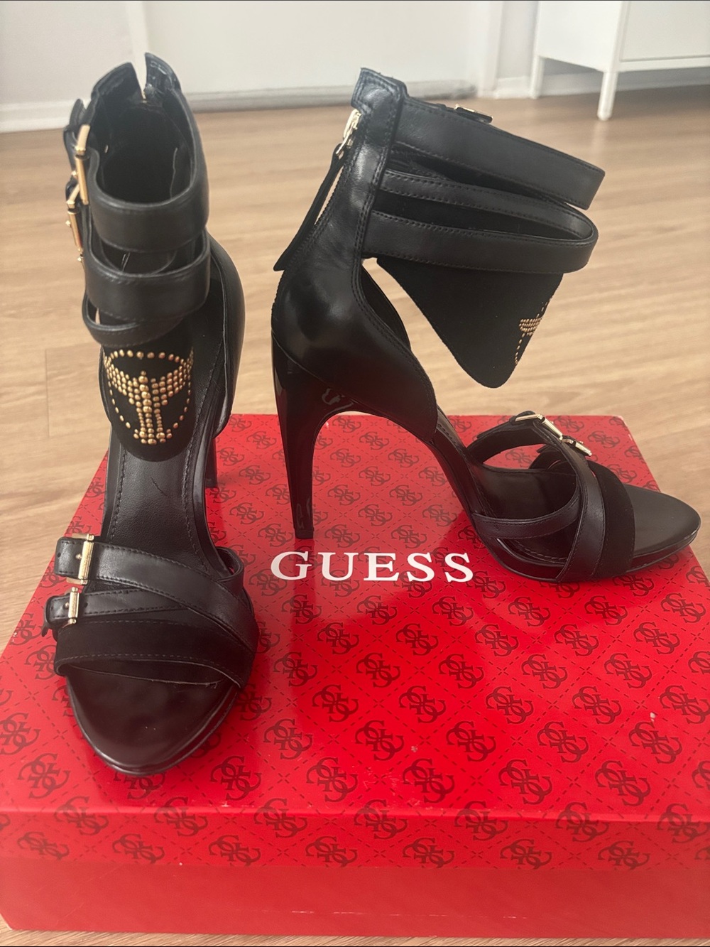 NEW Guess Black Strappy High Heel Sandals with Gold Buckles - Taditan